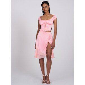 Miss Circle Sarah Pink Satin Ruffled Midi Skirt